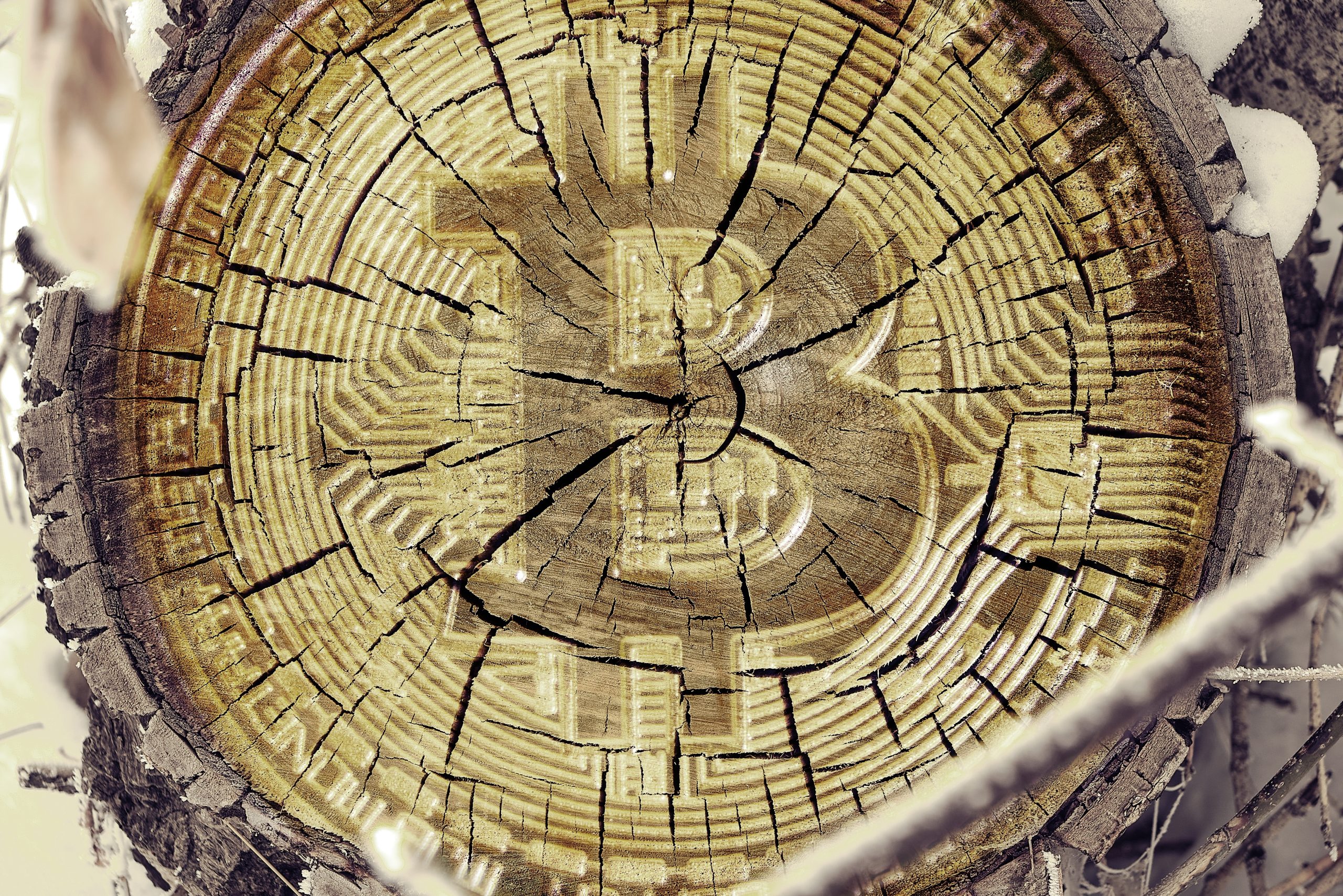 Ein Baumstumpf mit einem detaillierten Bitcoin-Symbol, das in die Oberfläche geschnitzt ist und sichtbare Risse und Wachstumsringe zeigt, die den dauerhaften Einfluss von Bitcoin hervorheben.