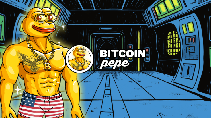 Ein muskulöser Cartoon-Frosch namens Bitcoin Pepe, der Shorts mit amerikanischer Flagge, eine goldene Bitcoin-Halskette und eine Sonnenbrille trägt, steht in einem Raumschiff mit dem Text "BITCOIN pepe" neben ihm.