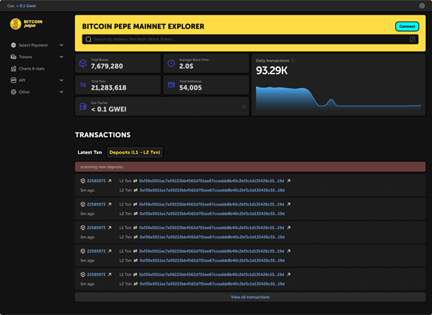 Screenshot des Dashboards des Bitcoin Pepe Mainnet Explorers, das Netzwerkstatistiken von Bitcoin Pepe, ein Diagramm des Transaktionsvolumens und eine Liste der letzten Einzahlungstransaktionen mit anklickbaren Hash-Links anzeigt.
