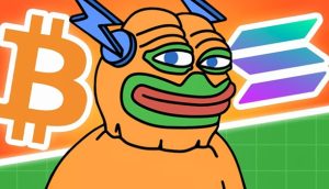 Cartoon-Froschfigur mit blauen Blitzen auf dem Kopf, Bitcoin Hyper- und Solana-Logos im Hintergrund, vor einem orangefarbenen und grünen Hintergrund.
