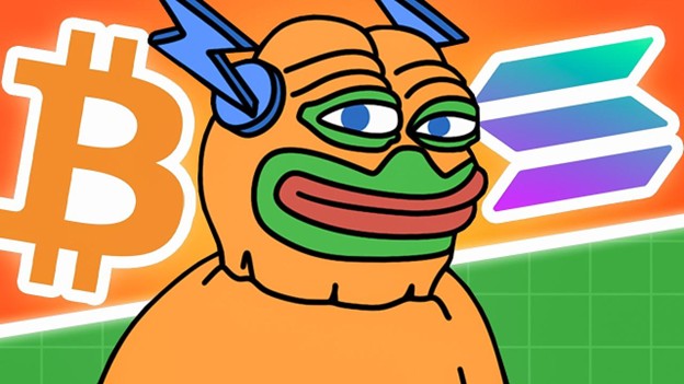 Cartoon-Froschfigur mit blauen Blitzen auf dem Kopf, Bitcoin Hyper- und Solana-Logos im Hintergrund, vor einem orangefarbenen und grünen Hintergrund.