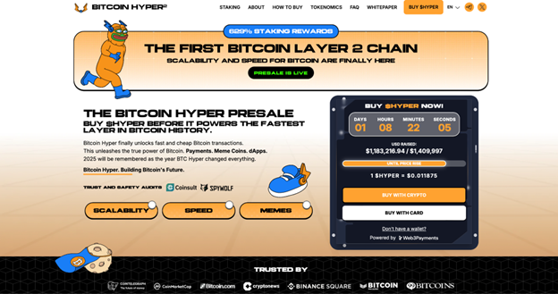 Die Homepage der Bitcoin Hyper-Website bietet Informationen zum Vorverkauf, einen Countdown-Timer, ein Maskottchen-Bild und die Möglichkeit, mit Kryptowährungen oder Karten zu kaufen. Der Text beleuchtet Skalierbarkeit, Geschwindigkeit, Staking-Belohnungen und wie Krypto-ICOs die Zukunft des digitalen Finanzwesens prägen.