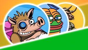 Drei stilisierte Cartoon-Avatare – ein Schwein mit einem Roboterauge, ein Frosch mit blauem Hut und ein Stier mit Nasenring und gemusterter Rüstung – stehen auf einem farbenfrohen Hintergrund, inspiriert von der lebendigen Welt der Krypto-ICOs.