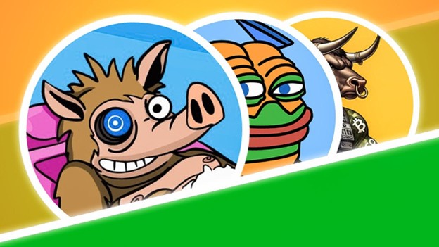 Drei stilisierte Cartoon-Avatare – ein Schwein mit einem Roboterauge, ein Frosch mit blauem Hut und ein Stier mit Nasenring und gemusterter Rüstung – stehen auf einem farbenfrohen Hintergrund, inspiriert von der lebendigen Welt der Krypto-ICOs.