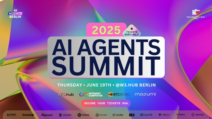 Werbebanner für den AI Agents Summit 2025, der am Donnerstag, den 19. Juni im W3.Hub Berlin stattfindet, mit den Logos der Sponsoren und Veranstaltungspartner unten.