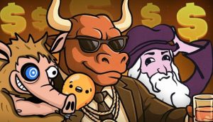 Cartoonartige Illustration eines Stiers mit Sonnenbrille und Anzug, eines schrulligen Tierschnaubers und eines alten Mannes mit Bart, mit Dollarzeichen im Hintergrund.