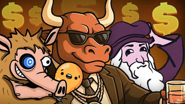 Cartoonartige Illustration eines Stiers mit Sonnenbrille und Anzug, eines schrulligen Tierschnaubers und eines alten Mannes mit Bart, mit Dollarzeichen im Hintergrund.