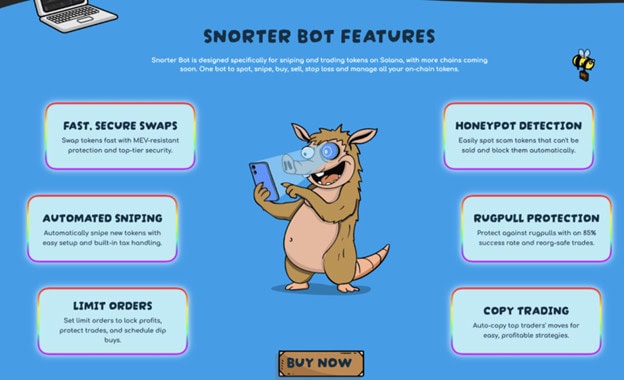 Ein Snorter-Cartoon-Tier mit einem Telefon steht mittig auf einem blauen Hintergrund, umgeben von Feature-Boxen, die die Funktionen des Krypto-Tools Snorter Bot hervorheben.