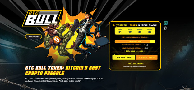 Ein Werbebild für BTC Bull Token zeigt einen Mann im Anzug, der gegen einen schnaubenden Bullen mit einem Bitcoin-Symbol kämpft, daneben gibt es einen Countdown-Timer und Kaufoptionen für einen Vorverkauf einer Kryptowährung.