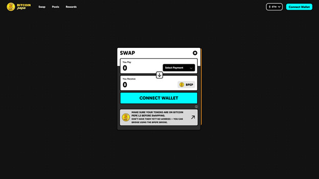 Eine Schnittstelle für den Tausch von Kryptowährungen mit Eingabefeldern für die Zahlung und den Empfang von Token, mit Bitcoin-Pepe-Optionen, einer Schaltfläche mit der Aufschrift Connect Wallet und einem Hinweis auf die Verwendung von BRC-20-Tokens.