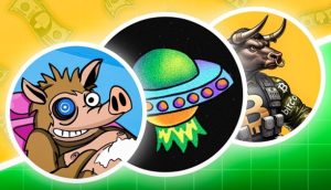 Drei digitale Illustrationen: ein Comic-Eber namens Snorter, ein buntes UFO und ein gepanzerter Stier mit Bitcoin-Logos vor einem Hintergrund mit Geldmotiven.