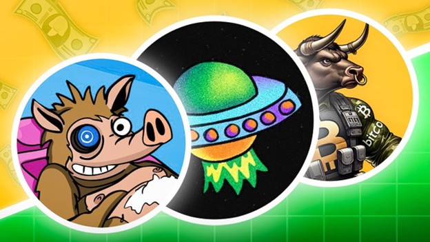 Drei digitale Illustrationen: ein Comic-Eber namens Snorter, ein buntes UFO und ein gepanzerter Stier mit Bitcoin-Logos vor einem Hintergrund mit Geldmotiven.
