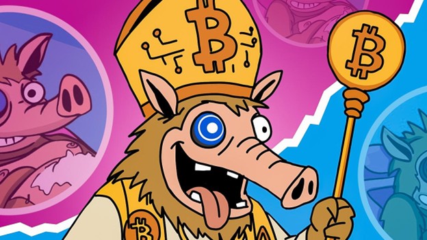 Cartoon Erdferkel Snorter in einer gelben Robe und Hut mit Bitcoin-Symbolen, hält einen Stab mit einem Bitcoin-Logo, vor einem lebendigen Hintergrund.