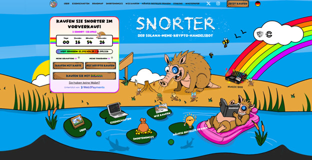 Ein Cartoon-Eber namens Snorter mit Sonnenbrille steht auf einer Insel, die von Kryptowährungssymbolen, einem Regenbogen und einem Fluss umgeben ist; auf der linken Seite wird ein Vorverkaufsinformationsfeld angezeigt.