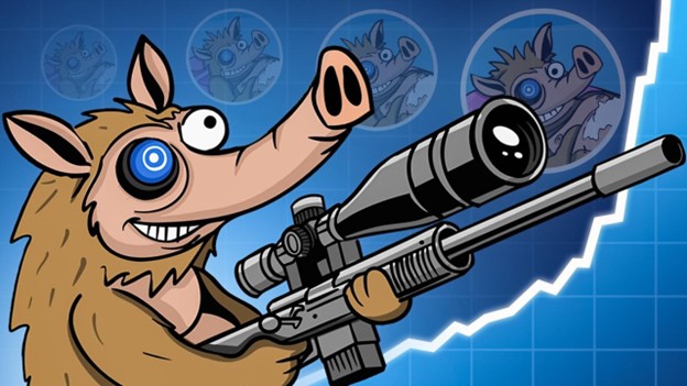 Zeichentricktier mit einem Roboterauge, das ein großes Scharfschützengewehr hält. Im Hintergrund sind mehrere verblasste Kopien des Tiergesichts und ein ansteigendes Liniendiagramm zu sehen, das Pepes strategischen GEIST einfängt.