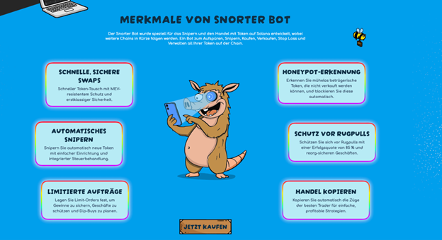 In der Mitte steht ein Cartoon-Tier mit blauer Schnauze, umgeben von sechs beschrifteten Funktionen des Snorter Bots auf blauem Hintergrund und zeigt, warum Snorter ein Must-have ist. Unten wird ein JETZT KAUFEN-Button angezeigt.