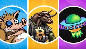 Drei kreisförmige Bilder: ein Comic-Eber mit Monokel, ein muskulöser Stier mit einer Bitcoin-Weste im Altcoin-Stil und ein buntes UFO vor schwarzem Hintergrund.
