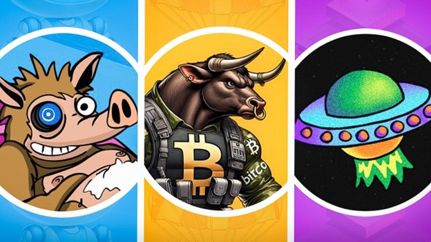 Drei kreisförmige Bilder: ein Comic-Eber mit Monokel, ein muskulöser Stier mit einer Bitcoin-Weste im Altcoin-Stil und ein buntes UFO vor schwarzem Hintergrund.