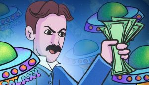 Ein Cartoon-Mann mit Schnurrbart hält Bargeld vor fliegenden Untertassen und Dollarscheinen der Marke Solaxy vor einem blauen Hintergrund.