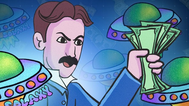Ein Cartoon-Mann mit Schnurrbart hält Bargeld vor fliegenden Untertassen und Dollarscheinen der Marke Solaxy vor einem blauen Hintergrund.