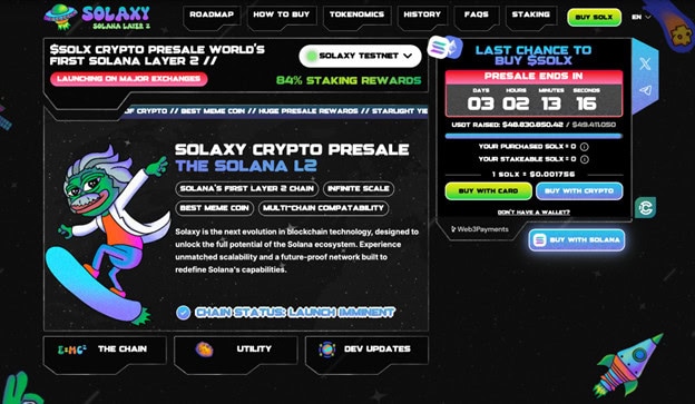 Solaxy_17625b Eine farbenfrohe Website-Seite wirbt für den Solaxy-Krypto-Vorverkauf und zeigt einen surfenden Cartoon-Alien, Staking-Belohnungen, einen Countdown-Timer und ein Navigationsmenü mit Details wie Solaxys Roadmap und Tokenomics.