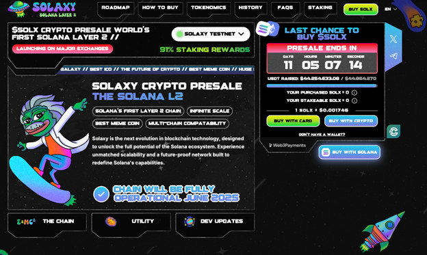 Screenshot der Solaxy-Krypto-Vorverkaufswebseite mit Countdown-Timer, Vorverkaufsinformationen, Staking-Belohnungen und Details zum Start der Solana Layer 2-Blockchain im Juni 2025 – ideal für Altcoin-Enthusiasten, die nach frühen Gelegenheiten suchen.