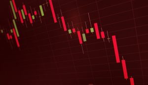 Ein Candlestick-Chart zeigt einen deutlichen Abwärtstrend bei Bitcoin, wobei die meisten roten Balken auf einen Wertverlust hindeuten.