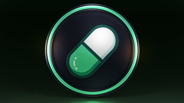 Ein grün-weißes Kapselpillensymbol, das den pump.fun-Token symbolisiert, befindet sich zentriert in einem leuchtend grünen kreisförmigen Rahmen auf dunklem Hintergrund.