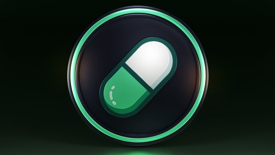 Ein grün-weißes Kapselpillensymbol, das den pump.fun-Token symbolisiert, befindet sich zentriert in einem leuchtend grünen kreisförmigen Rahmen auf dunklem Hintergrund.