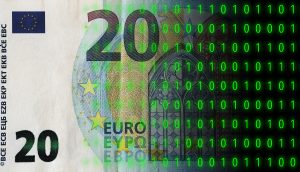 Eine 20-Euro-Banknote, die teilweise mit einem grünen Binärcode bedeckt ist, der die Schnittstelle zwischen Stablecoins, physischer Währung und digitaler Technologie symbolisiert.