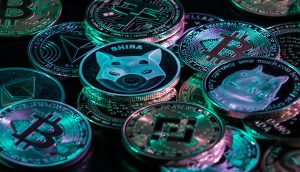 Verschiedene Kryptowährungsmünzen, darunter Bitcoin, Ethereum, Shiba Inu, Dogecoin und Binance Coin, werden in einer verstreuten Anordnung mit einem grünen und violetten Lichteffekt angezeigt – wie ein automatisch gespeicherter Entwurf moderner Finanztrends.