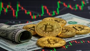 Goldene Bitcoin-Münzen und US-Dollar-Scheine liegen auf einer Fläche, im Hintergrund ist ein digitales Finanzhandelsdiagramm zu sehen, das das wachsende Interesse an Bitcoin-ETFs und die jüngste Zuflussserie verdeutlicht.