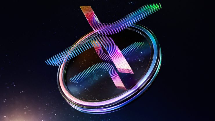 Ein digitales Rendering von abstrakten, bunten, sich kreuzenden Ringen und Linien vor einem dunklen Hintergrund mit kleinen leuchtenden Partikeln, inspiriert durch den dynamischen Fluss und die Konnektivität von XRP.