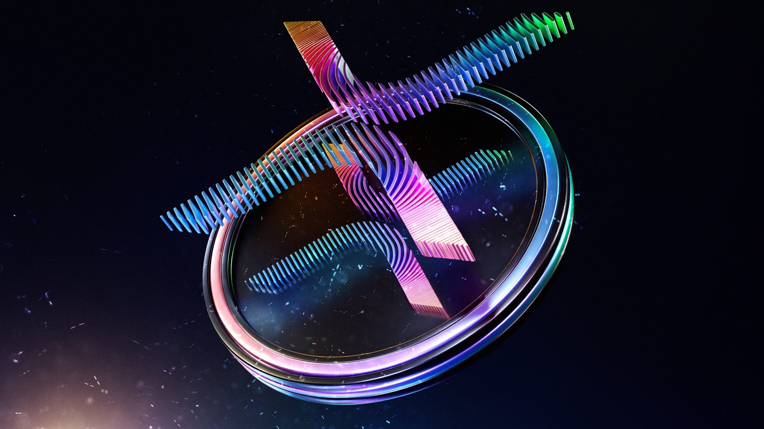 Ein digitales Rendering von abstrakten, bunten, sich kreuzenden Ringen und Linien vor einem dunklen Hintergrund mit kleinen leuchtenden Partikeln, inspiriert durch den dynamischen Fluss und die Konnektivität von XRP.
