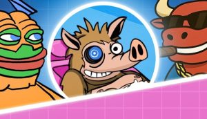 Cartoonartige Illustrationen eines Frosches, eines Wildschweins mit einem mechanischen Auge in der Mitte und eines Stiers mit Sonnenbrille und Goldkette, inspiriert von Memecoins, vor einem blauen Hintergrund mit rosa Umrandung.