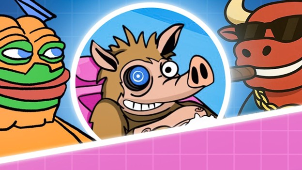 Cartoonartige Illustrationen eines Frosches, eines Wildschweins mit einem mechanischen Auge in der Mitte und eines Stiers mit Sonnenbrille und Goldkette, inspiriert von Memecoins, vor einem blauen Hintergrund mit rosa Umrandung.