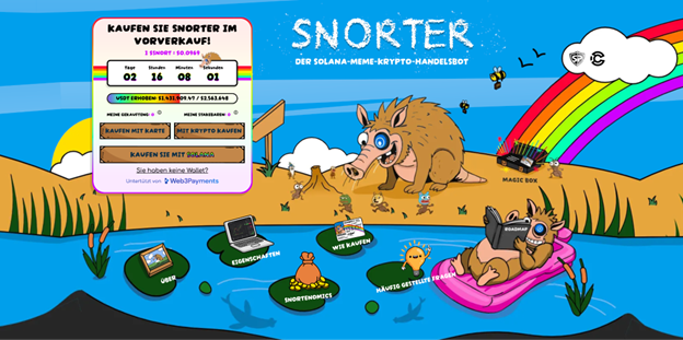 070725_Bull_1b Cartoon-Szene mit einem Wildschwein auf einem Schwimmbecken, einem Timer, der den Vorverkauf von Snorter-Memcoins herunterzählt, und verschiedenen beschrifteten Symbolen auf einem See. Der Text ist auf Deutsch, mit einem Regenbogen und einem Laptop im Hintergrund.