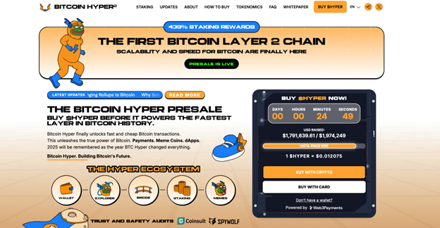 070725_Bull_1c Screenshot der Bitcoin-Hyper-Website mit dem Maskottchen, Vorverkaufsdetails, Einsatzprämien und einem Countdown-Timer für den Kauf des Memecoin-Tokens, mit Navigationslinks am oberen Rand.