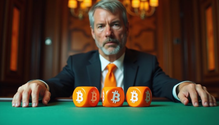 Michael Saylor im Anzug sitzt an einem Tisch mit drei orangefarbenen Würfeln, auf denen das Bitcoin-Logo und die Buchstaben BTC abgebildet sind, in einem eleganten, holzgetäfelten Raum - eine Anspielung auf Unternehmen, die Bitcoin-Treasuries-Strategien erkunden.