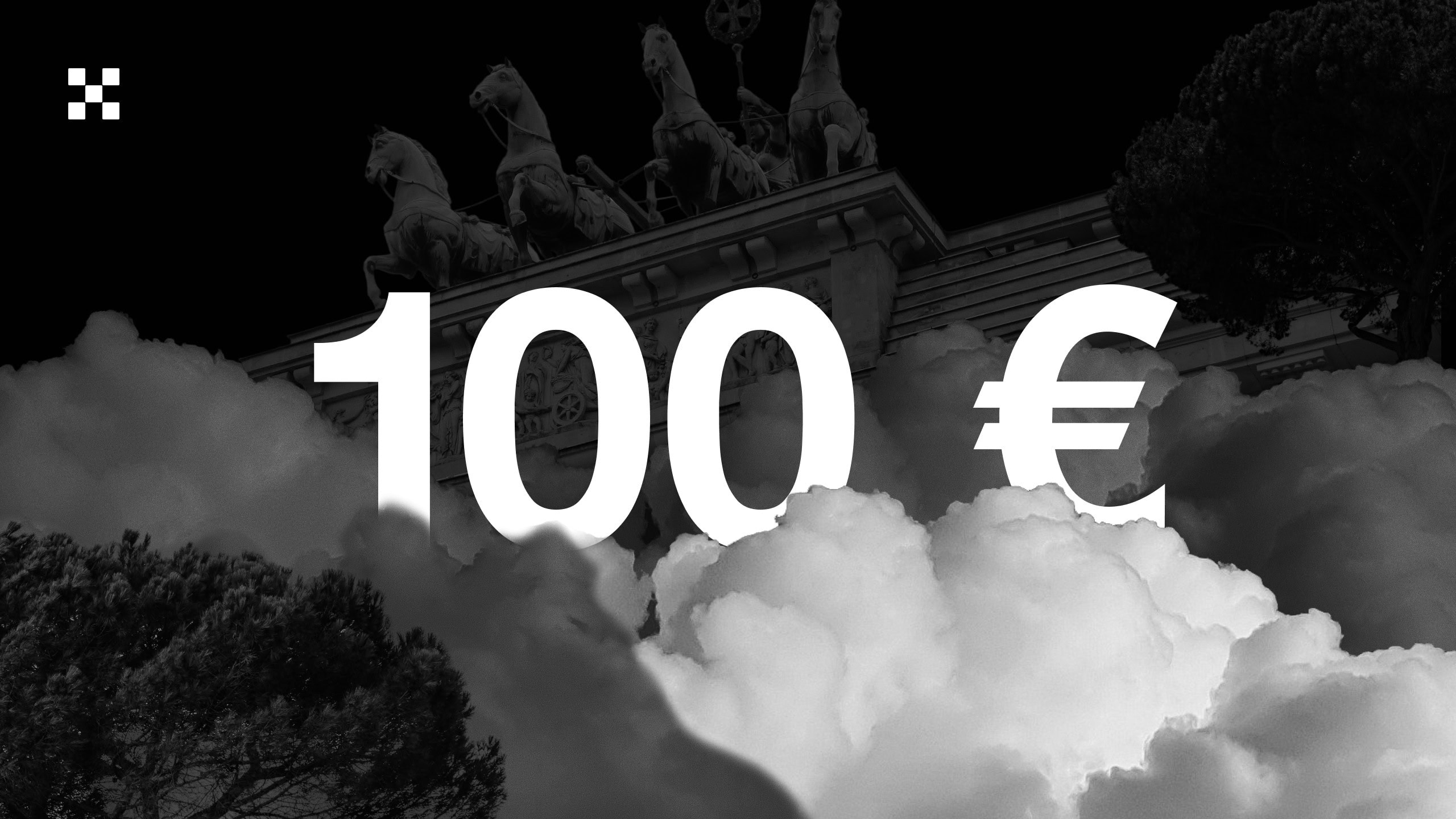 Article img 1-Germany & Austria_OKX Launch (1280×720) Der große weiße Schriftzug 100 € steht über einem Wolkenbild, im Hintergrund ist ein Teil einer klassischen Statue mit Pferden und Reitern zu sehen, und das OKX-Logo ist dezent integriert.