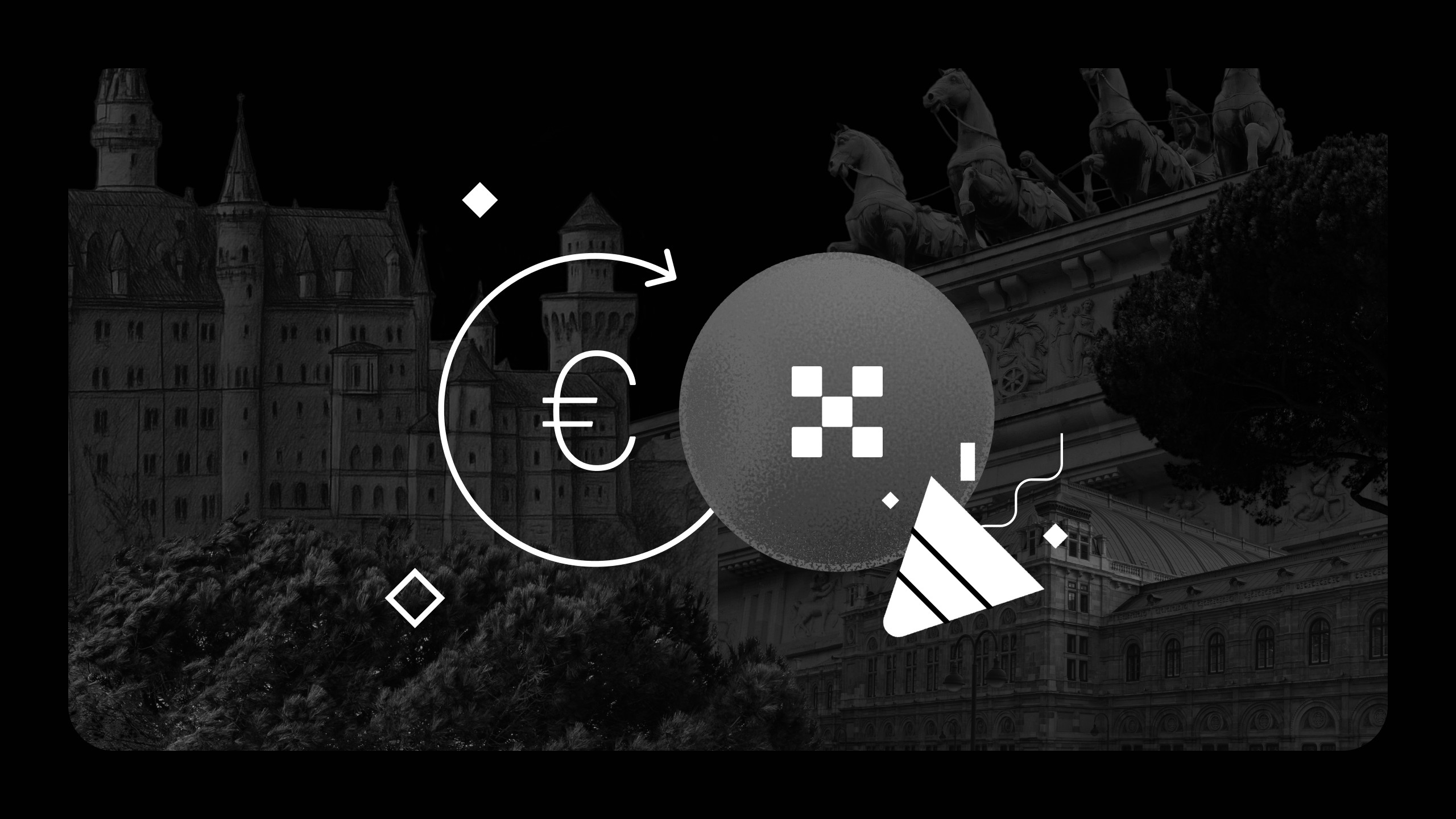 Article img 2-Germany & Austria_OKX Launch (1280×720) Eine Graustufen-Collage mit europäischer Architektur, dem OKX-Logo neben einem Euro-Währungssymbol innerhalb eines kreisförmigen Pfeils, geometrischen Formen und einem Party-Popper-Symbol.