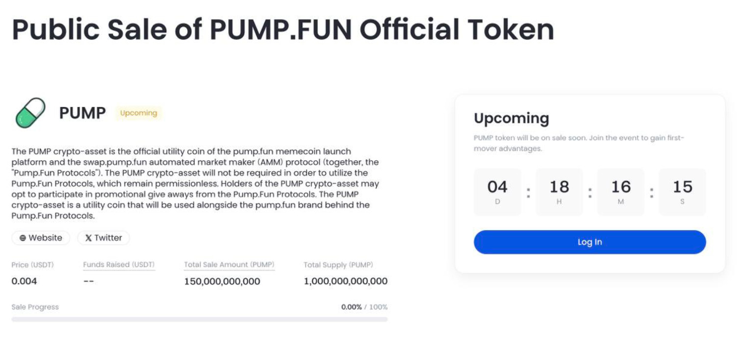 Bildschirmfoto 2025-07-08 um 11.29.23 Screenshot der öffentlichen Verkaufsseite für den offiziellen PUMP.FUN-Token, einschließlich Token-Details, Fortschrittsbalken und Countdown-Timer bis zum Verkaufsstart.