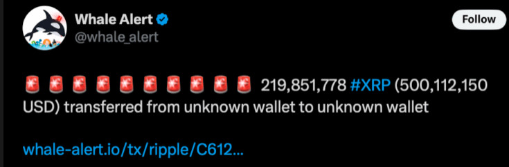 Bildschirmfoto 2025-07-08 um 14.14.56 Eine große XRP-Transaktion in Höhe von 219.851.778 Coins (500.112.150 USD) wurde von einer unbekannten Wallet auf eine andere unbekannte Wallet übertragen, was zu Spekulationen über eine mögliche Beteiligung der Coinbase Wallet führte.