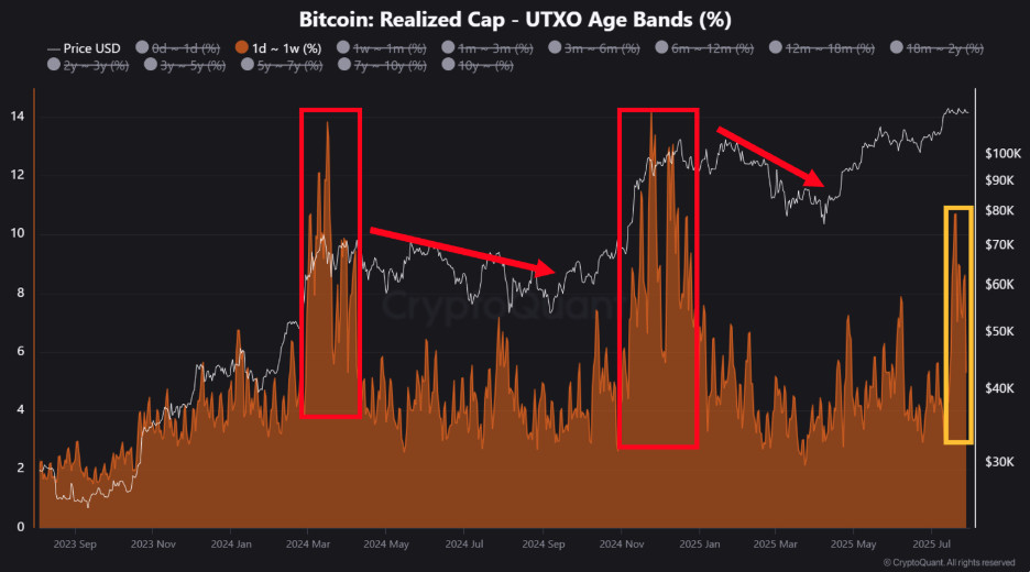 Bildschirmfoto 2025-07-30 um 07.26.36 Ein Liniendiagramm des Bitcoin-Kurses (schwarze Linie) mit orangefarbenen Histogrammen, die die UTXO-Altersspannen zeigen; rote Kästchen und Pfeile markieren Krypto-Markt-Korrektur-Höchststände, ein gelbes Kästchen hebt ein jüngstes Tief hervor.