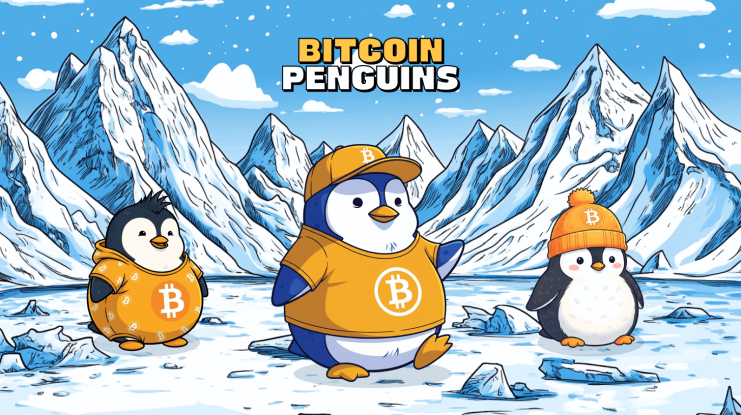 Drei Cartoon-Pinguine in orangefarbenen Bitcoin-Pinguin-Kostümen stehen auf eisigem Terrain, mit schneebedeckten Bergen im Hintergrund. Der Text darüber lautet BITCOIN PENGUINS und fängt den verspielten Geist der PENGU-Kollektion ein.
