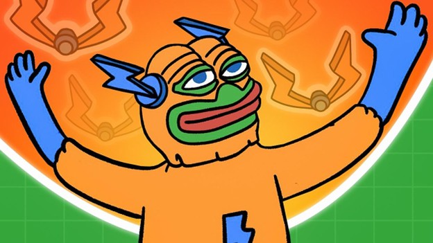 Eine Zeichentrickfigur in einem orangefarbenen Anzug mit blauen Handschuhen und einem Helm mit einem grünen froschähnlichen Gesicht hebt die Arme vor einem orangefarbenen Hintergrund mit abstrakten Bitcoin-Hyper-Motiven.