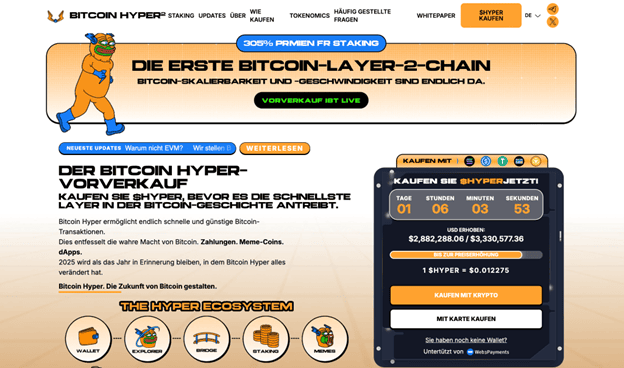 BitcoinHyper_16725b Screenshot der Bitcoin-Hyper-Website mit Vorverkaufsankündigung, Countdown-Timer, Kryptowährungspreis und Cartoon-Maskottchen, mit Navigation und Details über das Bitcoin-Hyper-Ökosystem.