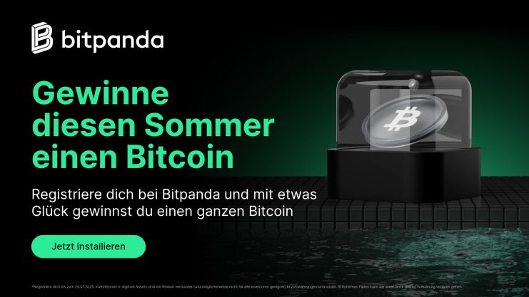 Bitpanda-Werbebild mit einem Bitcoin-Symbol in einer Glaskuppel, das die Chance bietet, einen Bitcoin zu gewinnen, wenn man sich auf Bitpanda registriert.