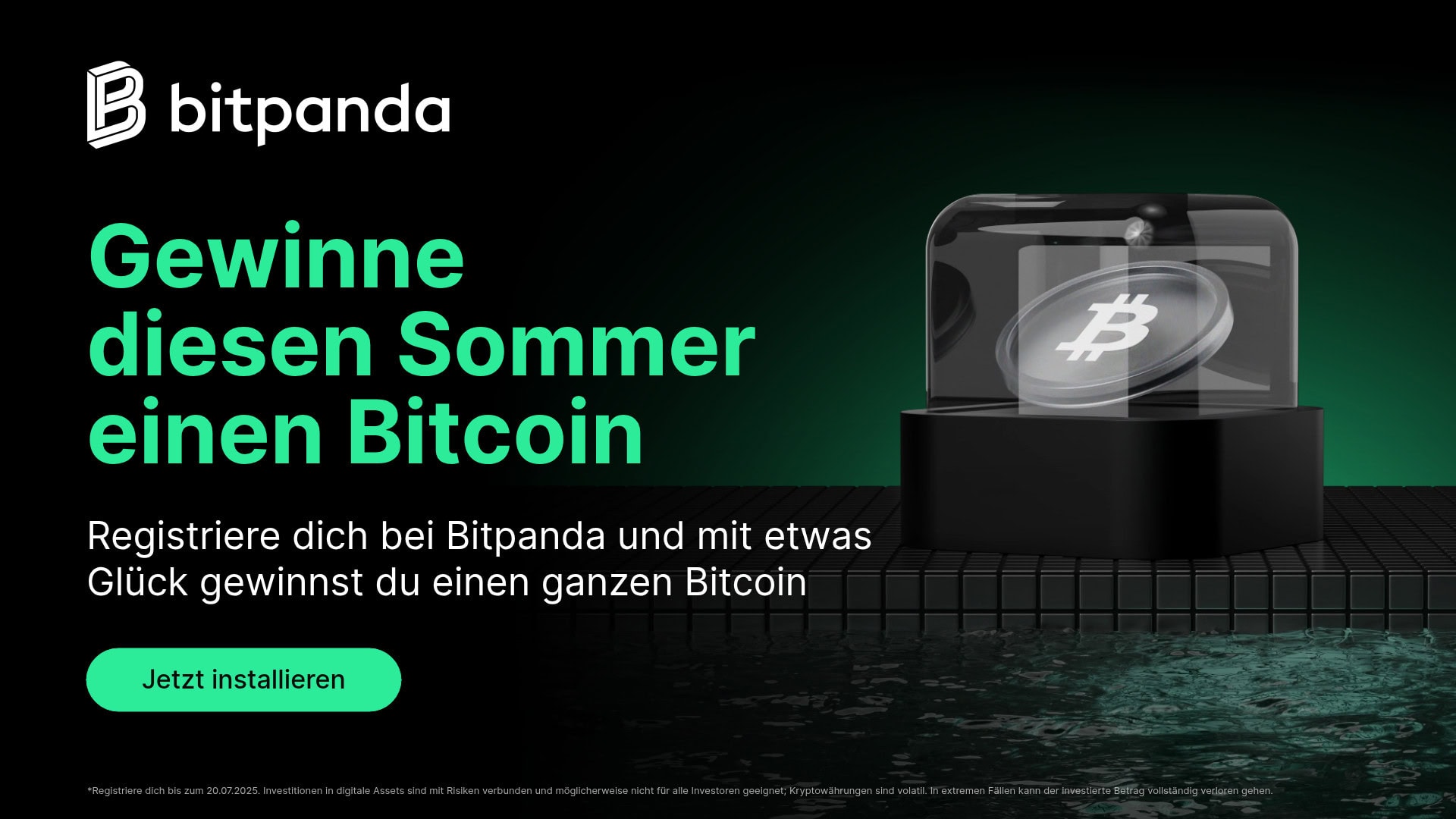 Bitpanda-Werbebild mit einem Bitcoin-Symbol in einer Glaskuppel, das die Chance bietet, einen Bitcoin zu gewinnen, wenn man sich auf Bitpanda registriert.
