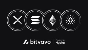 Vier Kryptowährungslogos - XRP, Solana, Ethereum und Cardano - werden über dem Bitvavo-Logo mit dem Text Powered by Hyphe auf schwarzem Hintergrund angezeigt und zeigen die breite Krypto-Auswahl von Bitvavo.